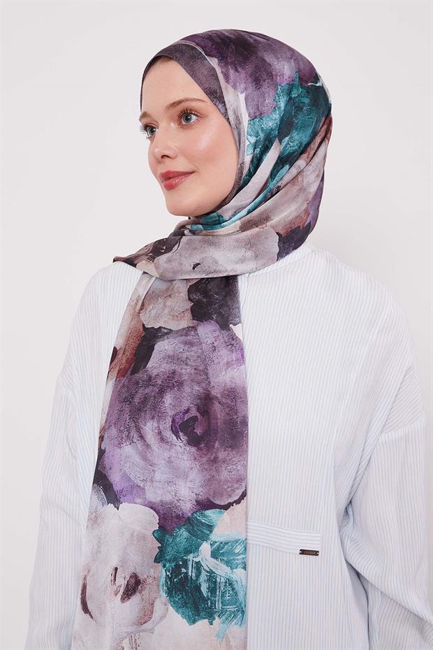 Füme Soyut Çiçek Desen Hint İpeği Şal