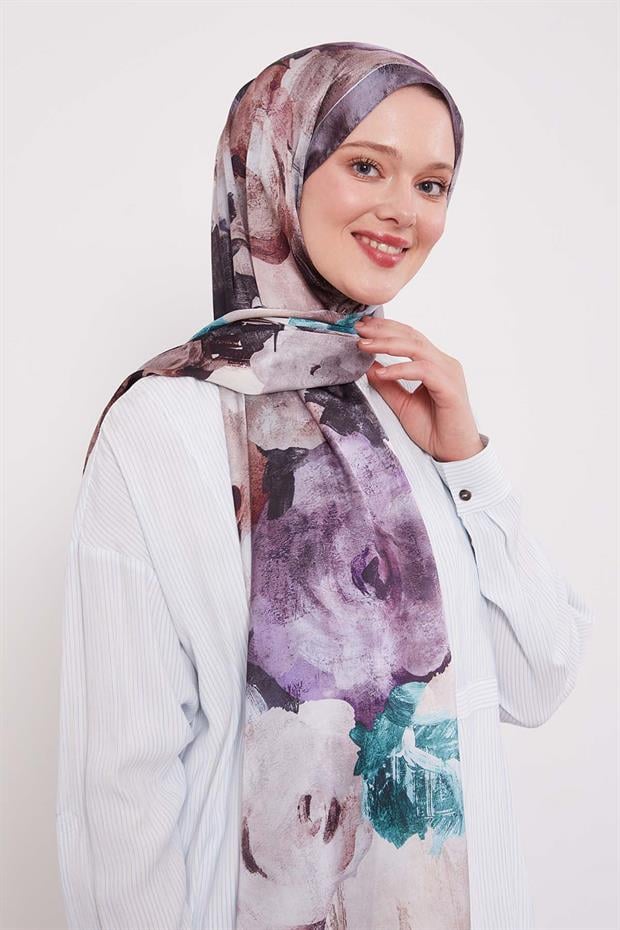 Füme Soyut Çiçek Desen Hint İpeği Şal