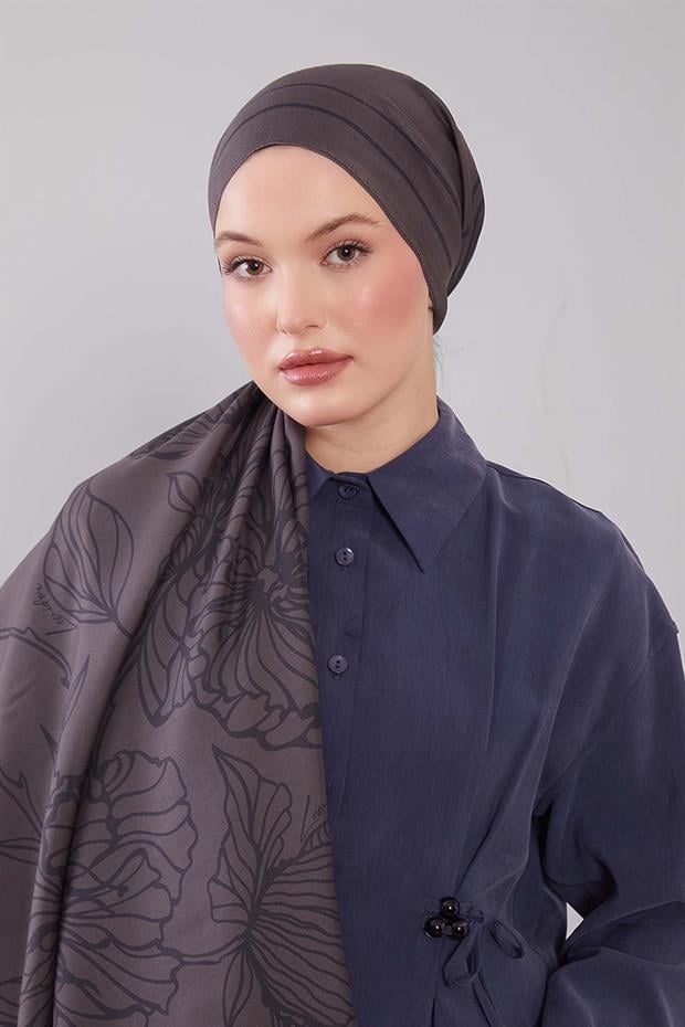 Füme Sümbül Çiçek Desen Yün İpek Şal