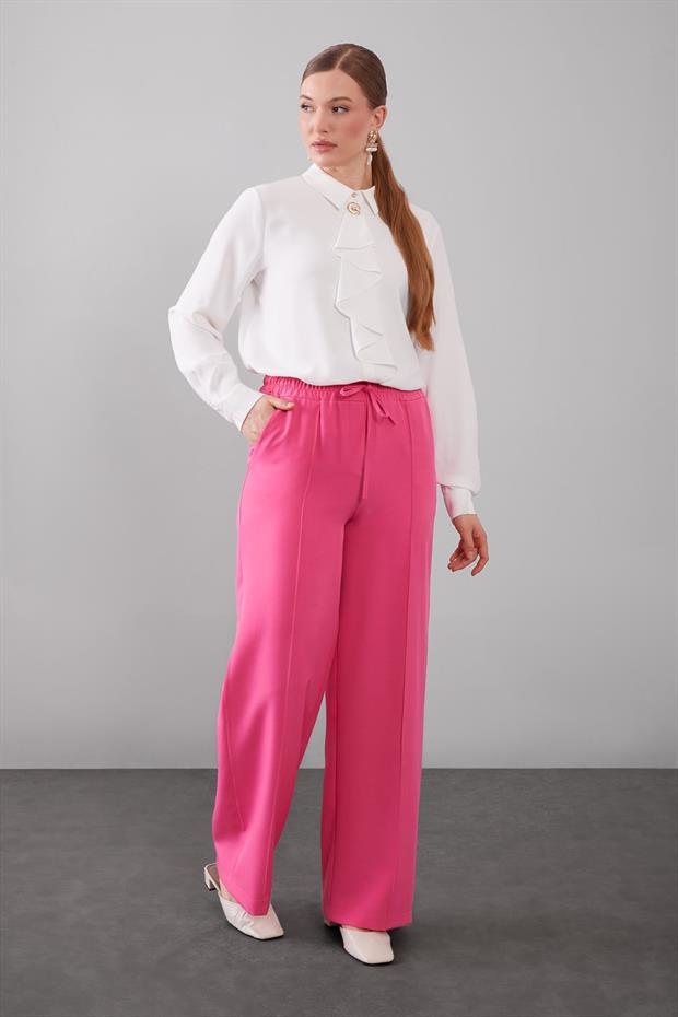 Fuşya Beli Lastikli Nervür Dikişli Pantolon