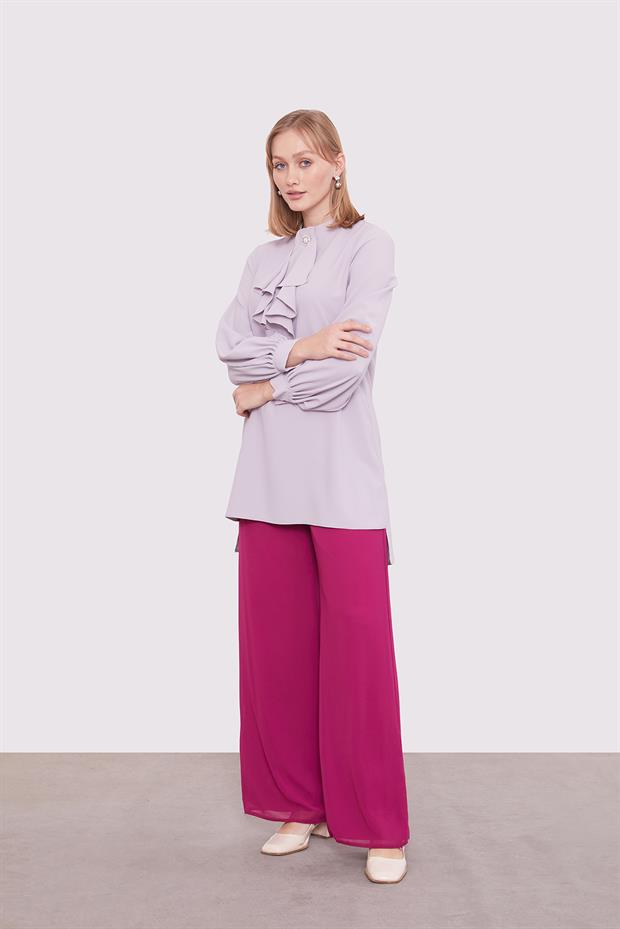 Fuşya Bol Paça Şifon Pantolon