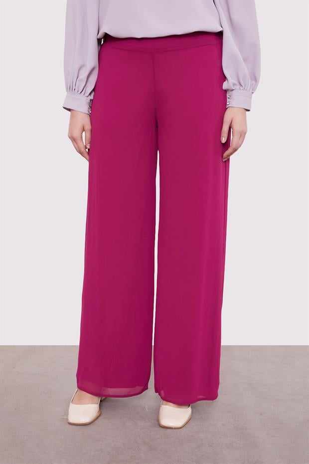 Fuşya Bol Paça Şifon Pantolon