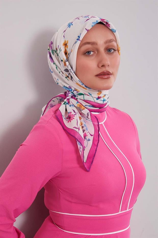 Fuşya Çiçek Dalı Desen Soft Eşarp