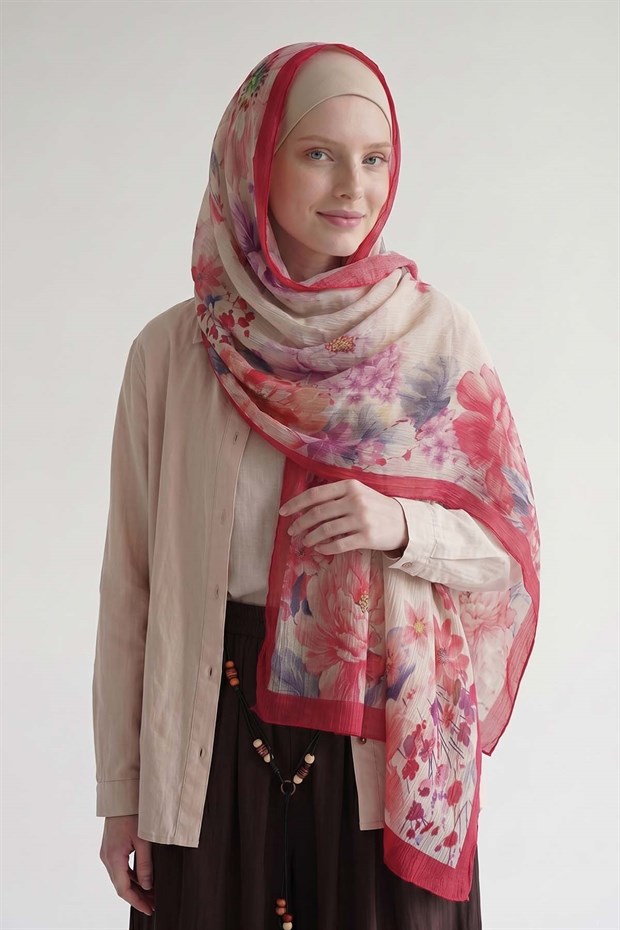 Fuşya Çiçek Desen Müslin Şal