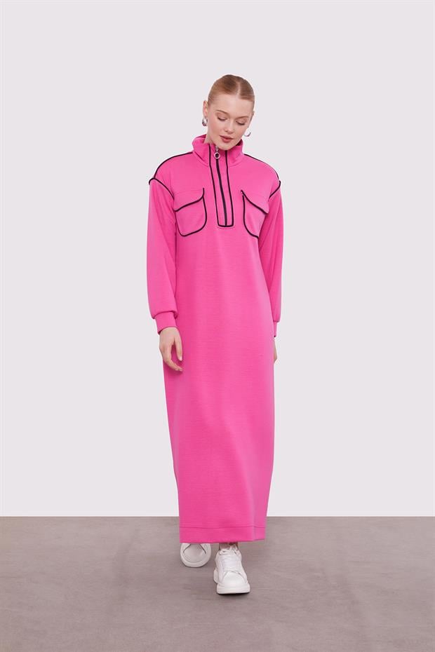 Fuşya Çizgi Cep Detaylı Elbise