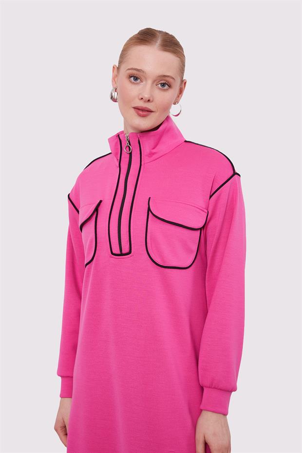 Fuşya Çizgi Cep Detaylı Elbise