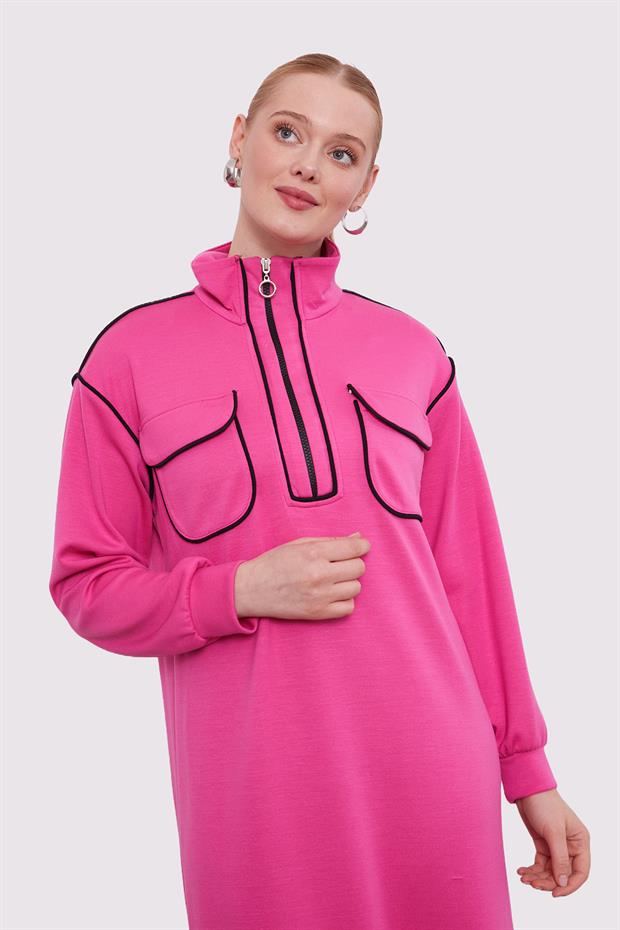 Fuşya Çizgi Cep Detaylı Elbise