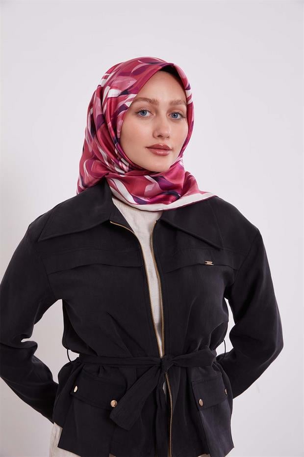Fuşya Ebruli Desen Twill İpek Eşarp