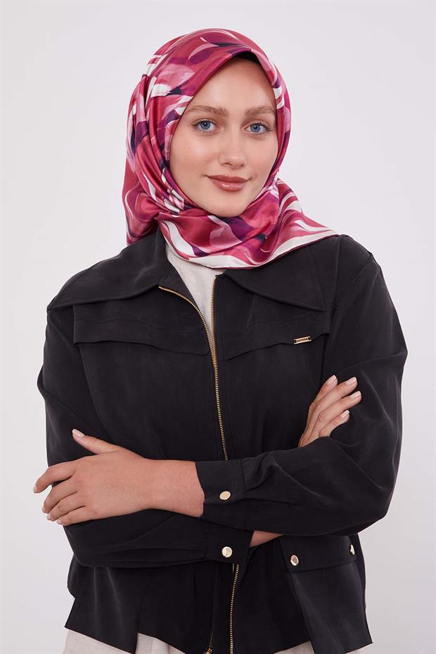 Fuşya Ebruli Desen Twill İpek Eşarp