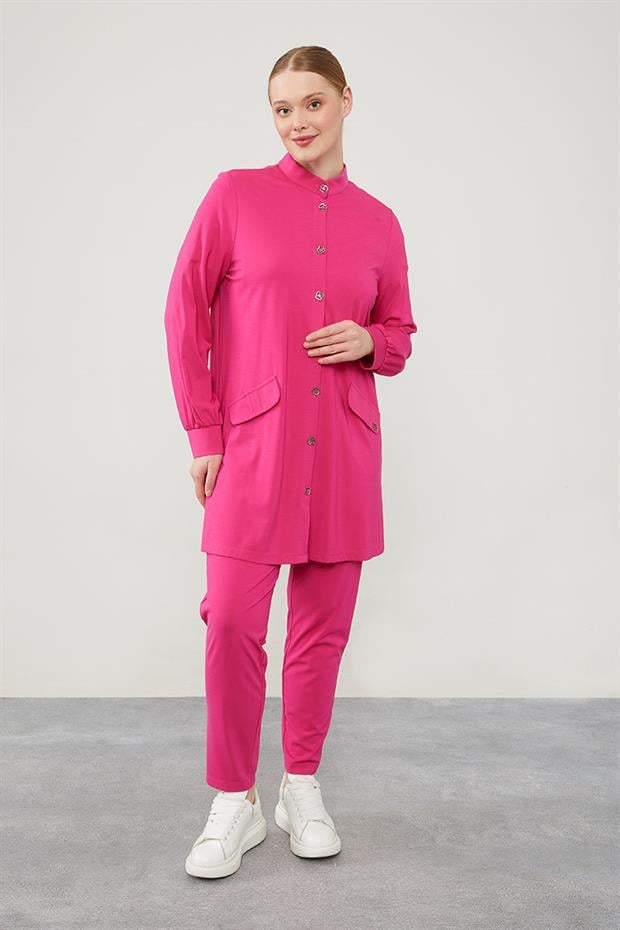 Fuşya Hakim Yaka Düğme Kapamalı Penye Spor Takım