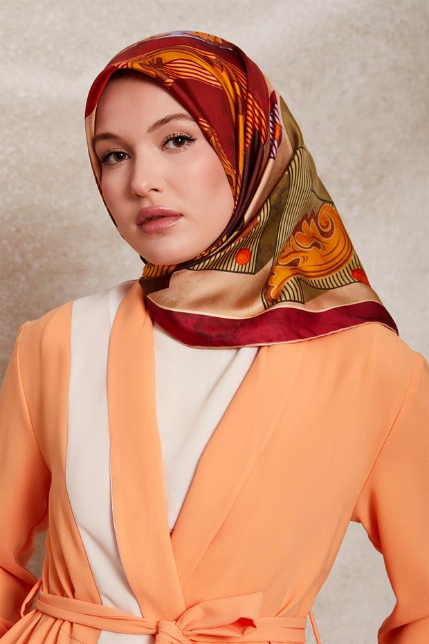 Fuşya Karışık Desen Twill İpek Eşarp