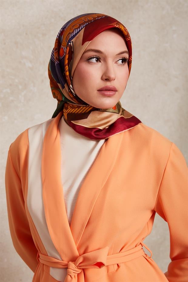 Fuşya Karışık Desen Twill İpek Eşarp