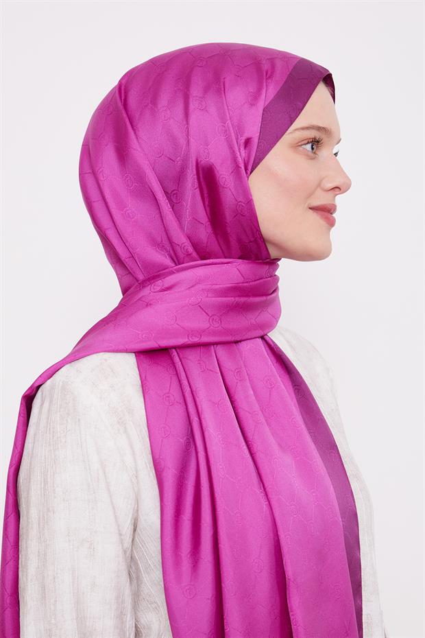 Fuşya Petek Desen Monogram İpek Şal