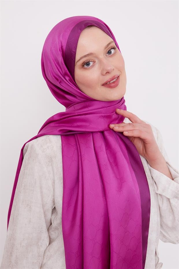 Fuşya Petek Desen Monogram İpek Şal