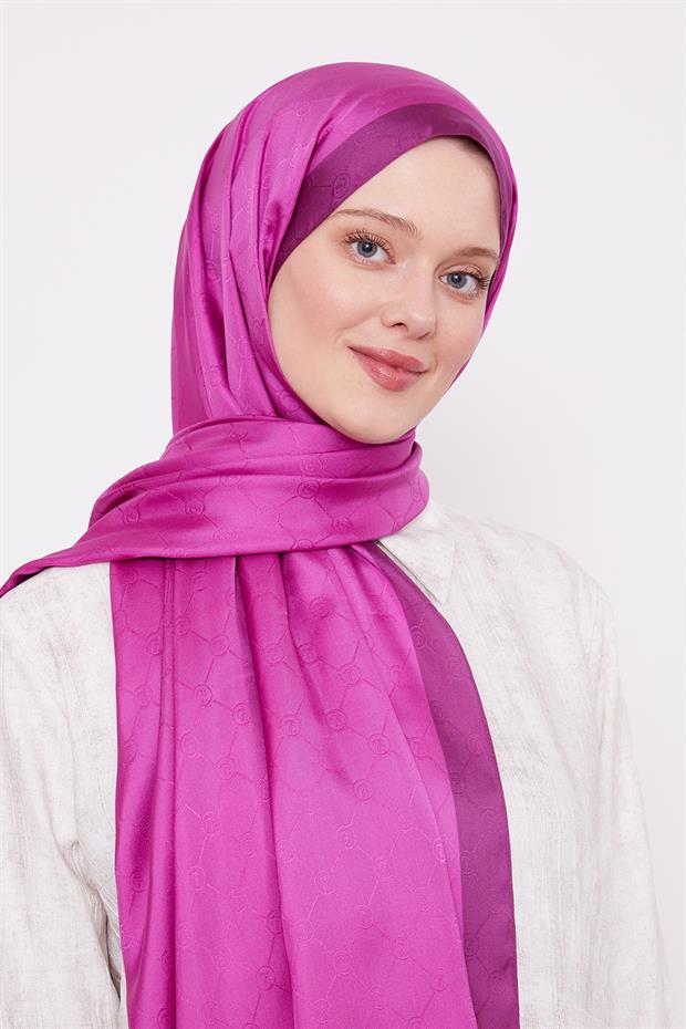Fuşya Petek Desen Monogram İpek Şal