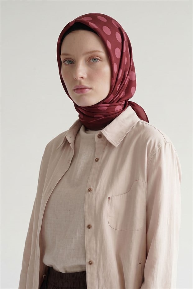 Fuşya Puantiyeli Twill İpek Eşarp