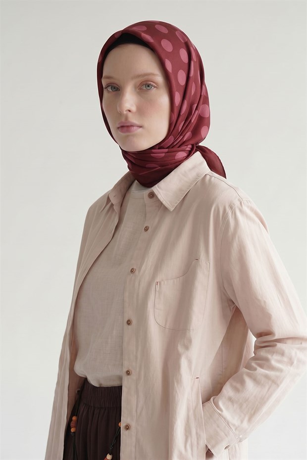 Fuşya Puantiyeli Twill İpek Eşarp