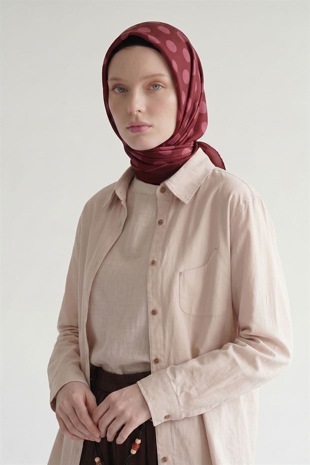 Fuşya Puantiyeli Twill İpek Eşarp