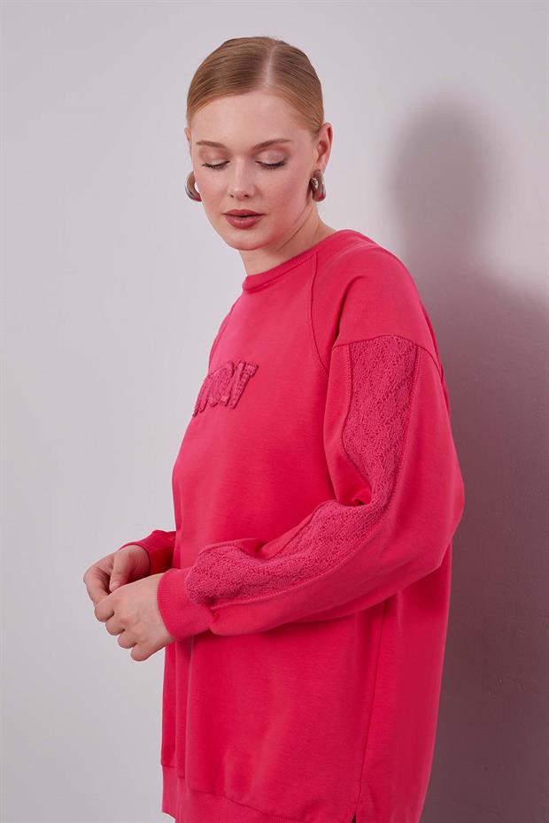 Fuşya Şerit Dantel Detaylı Spor Takım