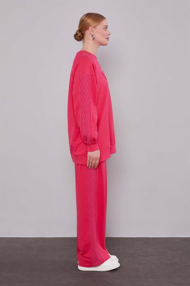 Fuşya Şerit Dantel Detaylı Spor Takım