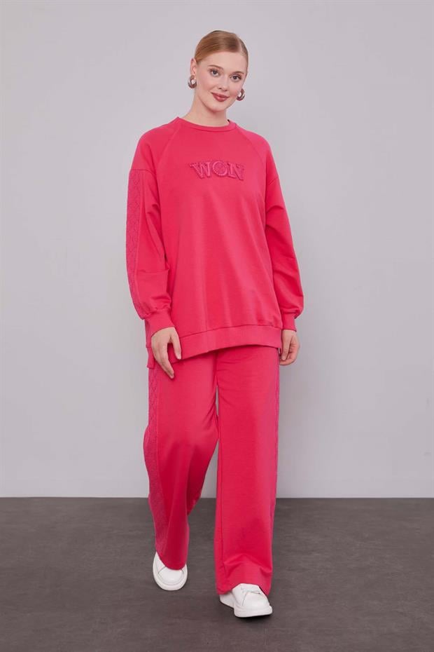 Fuşya Şerit Dantel Detaylı Spor Takım