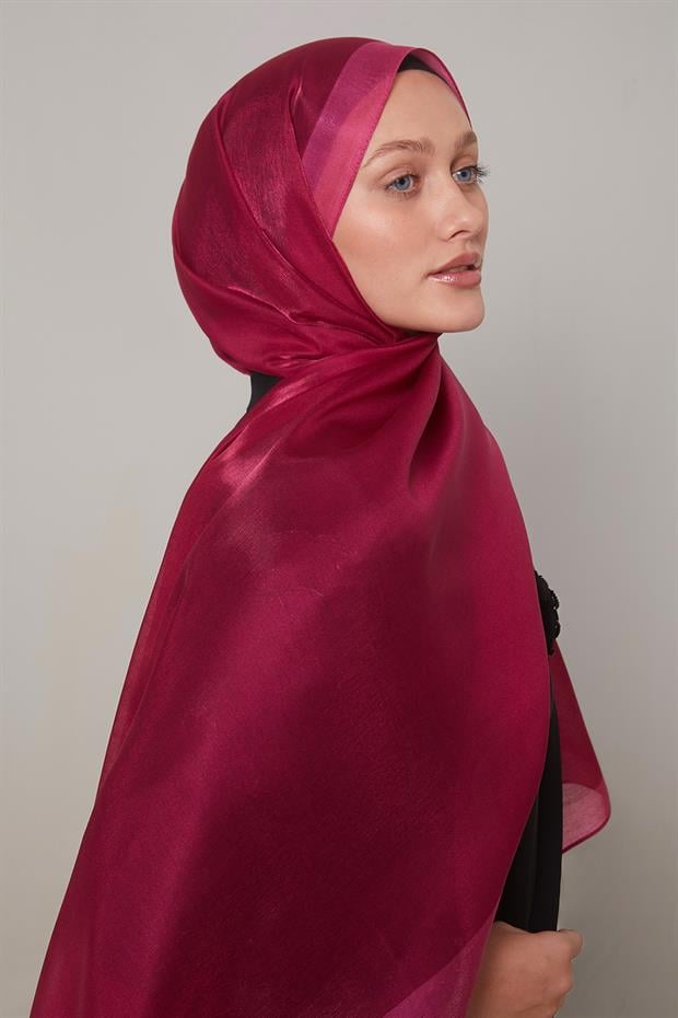 Fuşya Şerit Desen Kehribar Şal