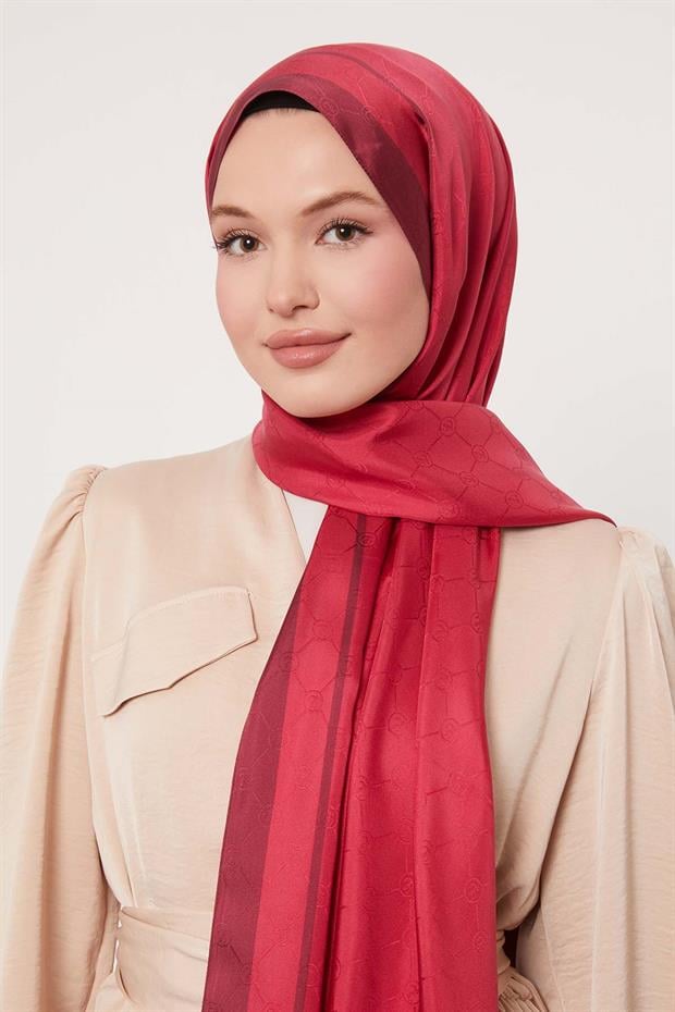 Fuşya Şerit Detay Monogram İpek Şal