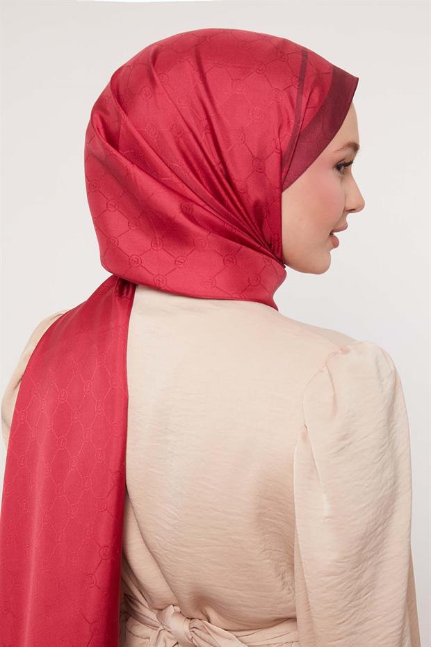 Fuşya Şerit Detay Monogram İpek Şal