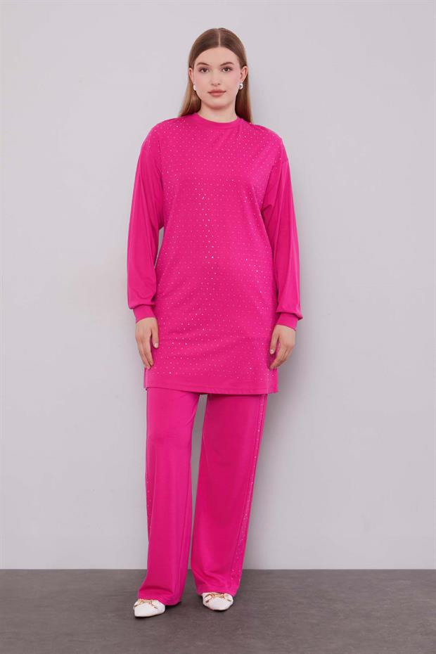 Fuşya Taş Baskılı İkili Takım