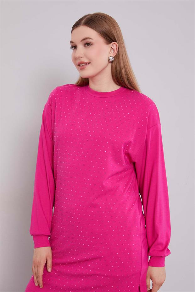 Fuşya Taş Baskılı İkili Takım