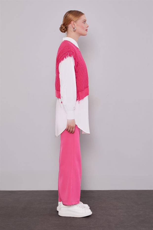 Fuşya Triko Yelekli Gömlek İkili Takım