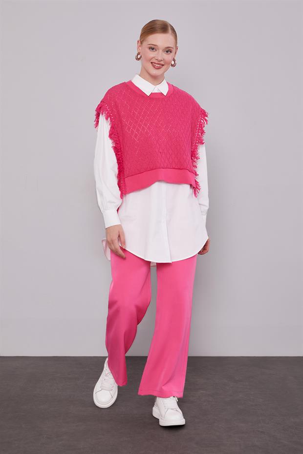 Fuşya Triko Yelekli Gömlek İkili Takım