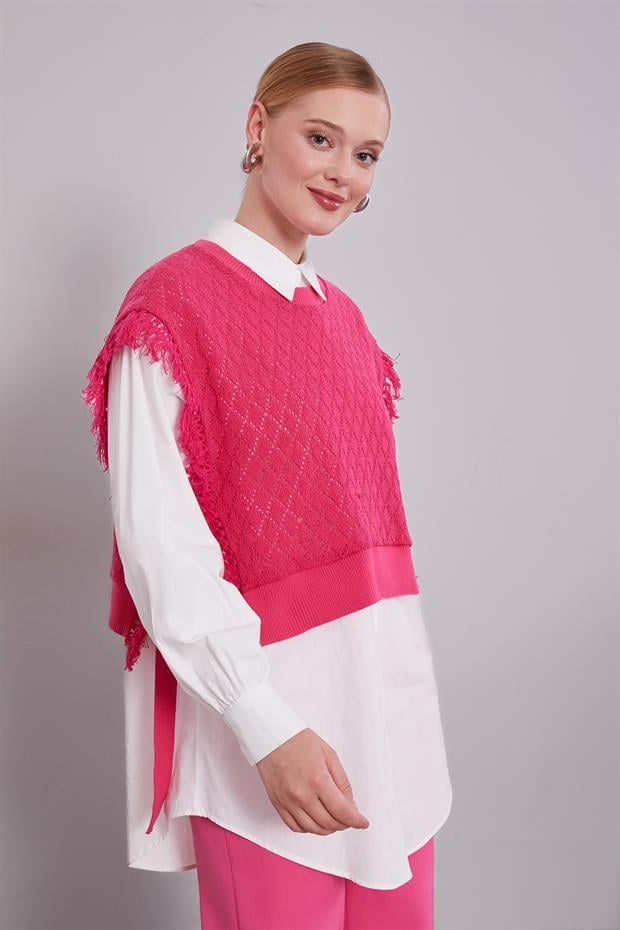 Fuşya Triko Yelekli Gömlek İkili Takım