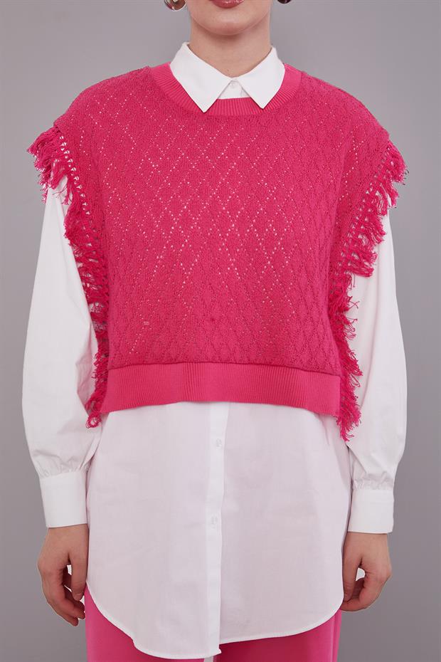 Fuşya Triko Yelekli Gömlek İkili Takım