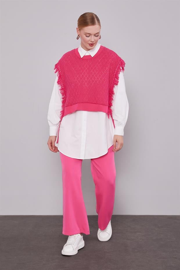 Fuşya Triko Yelekli Gömlek İkili Takım