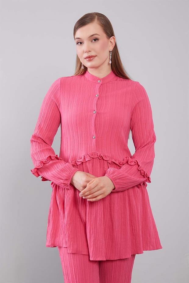 Fuşya Yarım Patlı Fırfır Detaylı İkili Takım