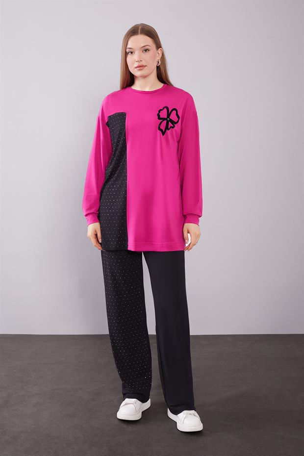 Fuşya Yonca Desen Detaylı İkili Takım