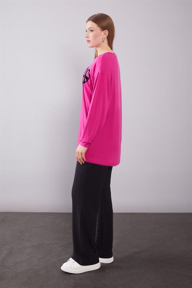 Fuşya Yonca Desen Detaylı İkili Takım