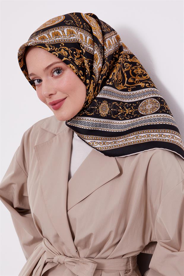 Gold Motif Desen Twill İpek Eşarp