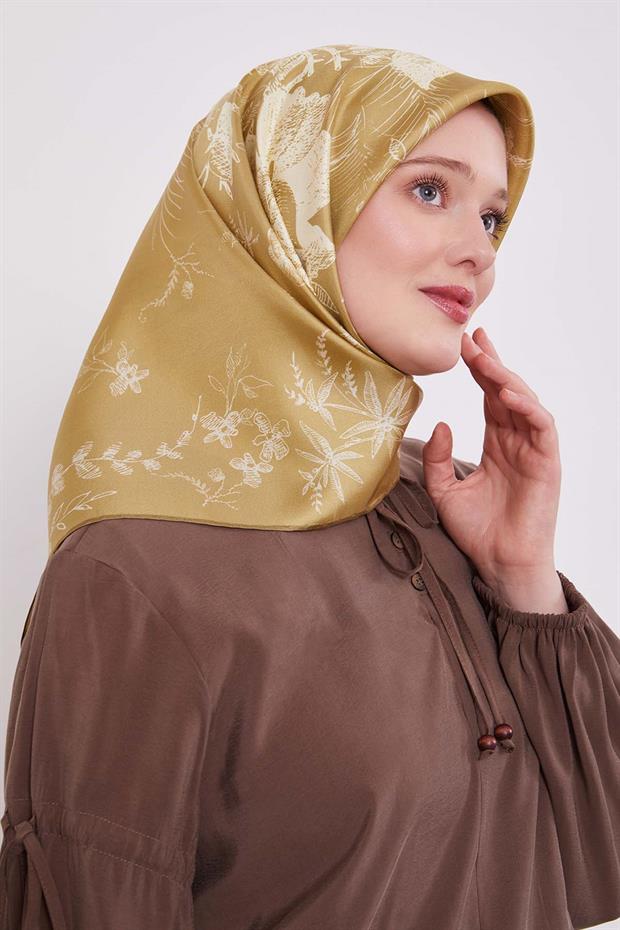 Gold Soyut Gül Desen Twill İpek Eşarp