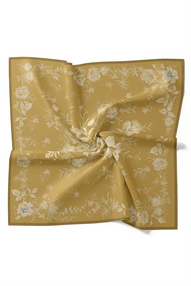 Gold Soyut Gül Desen Twill İpek Eşarp