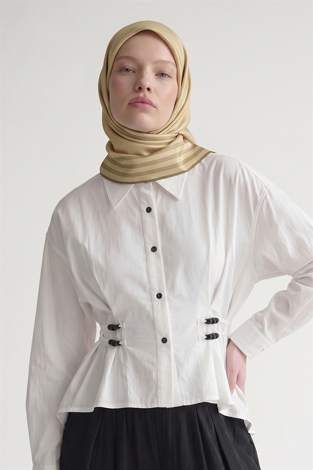 Gold Üç Çizgi Detaylı Twill İpek Eşarp