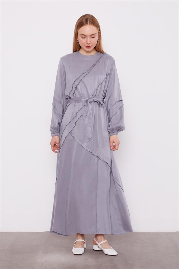 Gri Bağlamalı Dikiş Detaylı Cupra Elbise