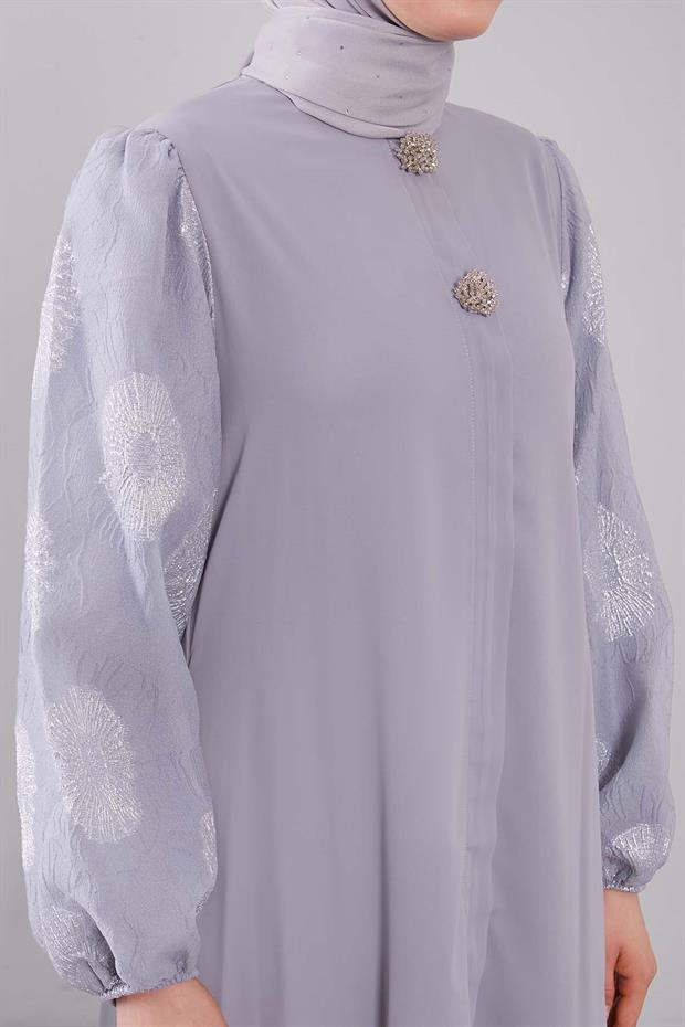 Gri Balon Kol İşleme Detaylı Ferace