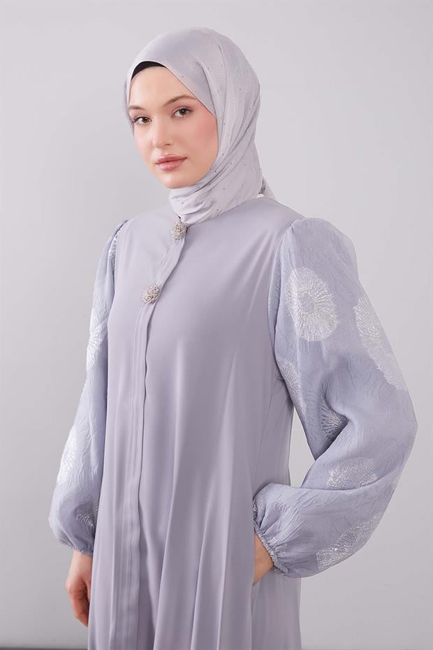 Gri Balon Kol İşleme Detaylı Ferace