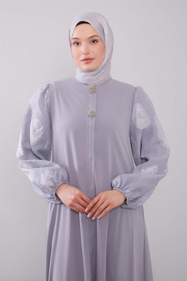 Gri Balon Kol İşleme Detaylı Ferace