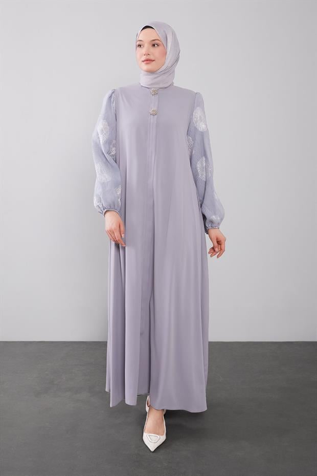 Gri Balon Kol İşleme Detaylı Ferace