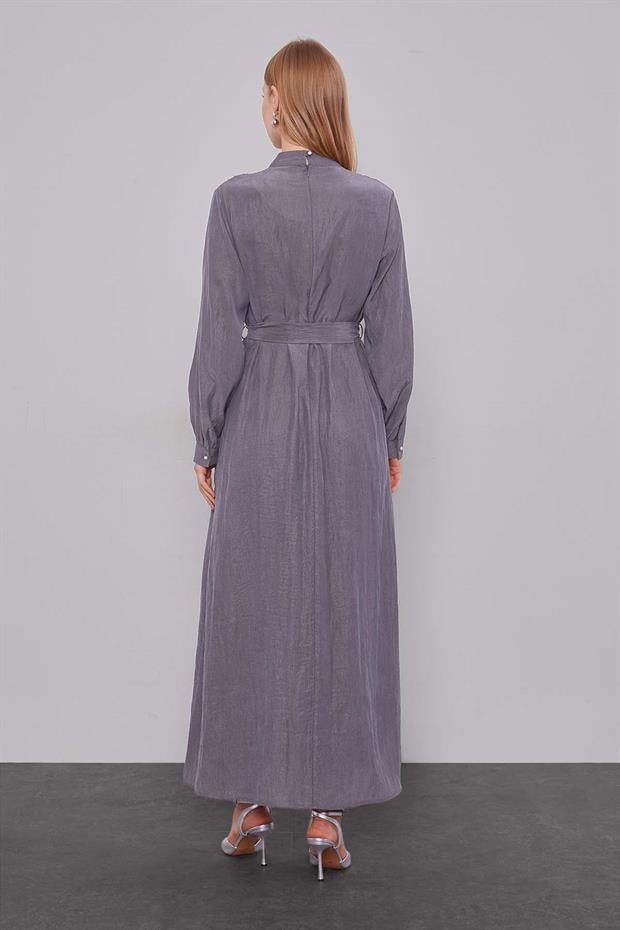 Gri Bel Bağlamalı Pile Detaylı Cupra Elbise