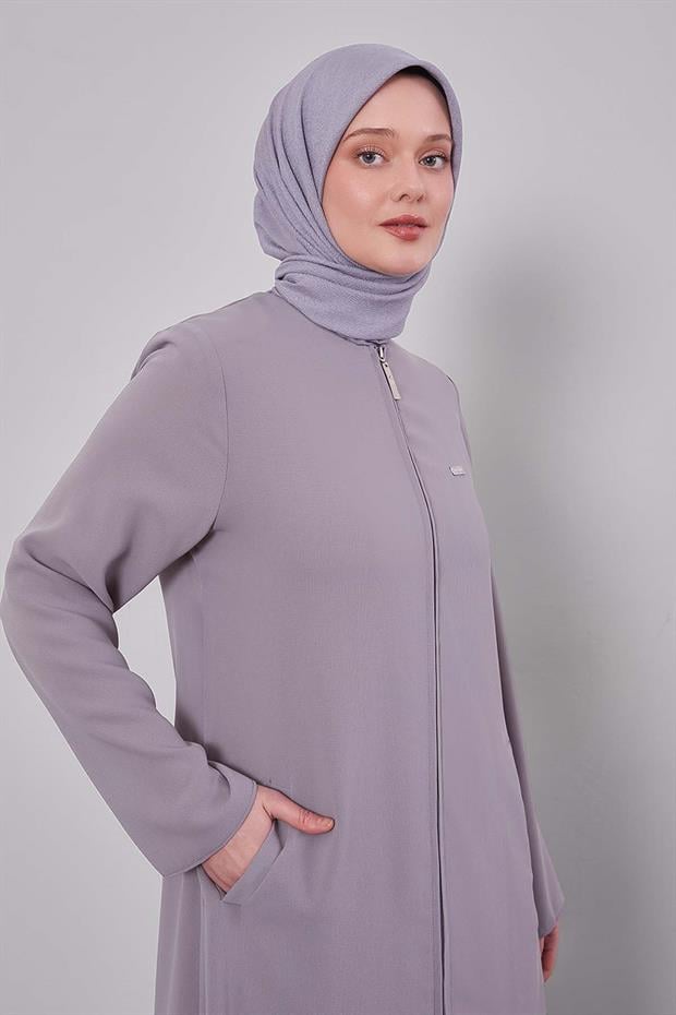 Gri Bisiklet Yaka Fermuarlı Ferace