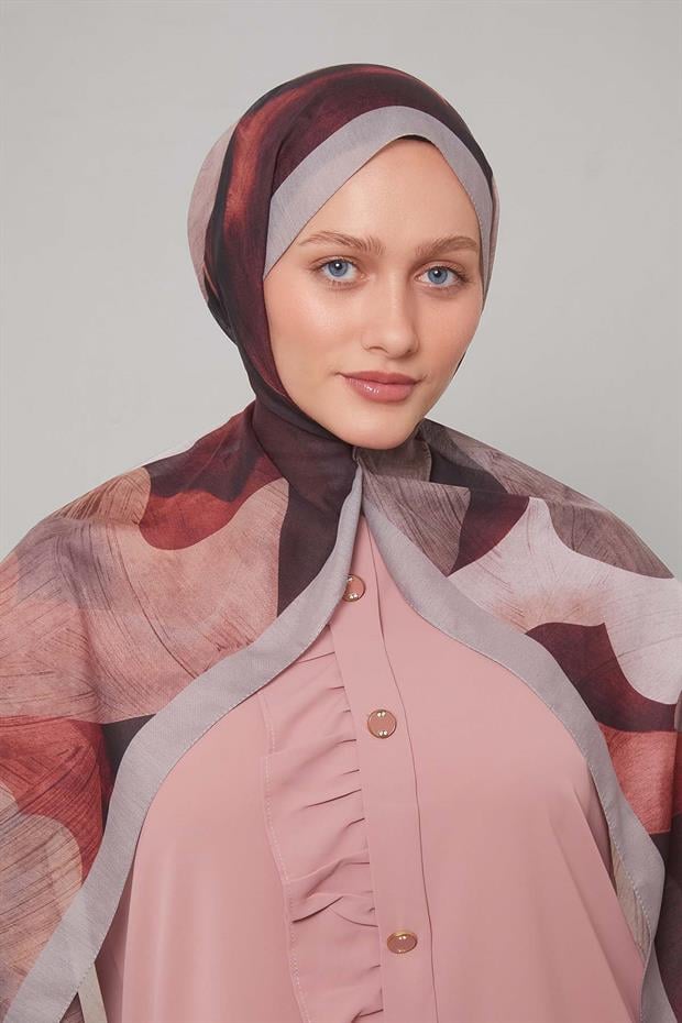 Gri - Bordo Çiçek Desen Sport Şal